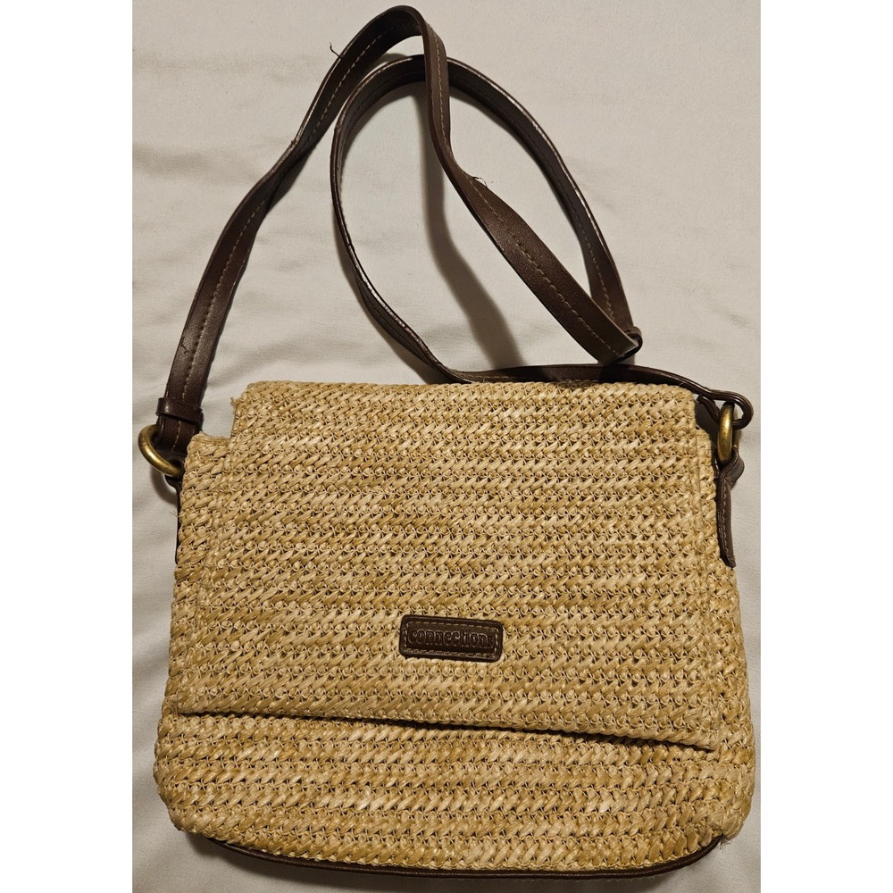 Connections Woven Straw Crossbody Bag Tan Brown Faux Leather Spring Summer Boho